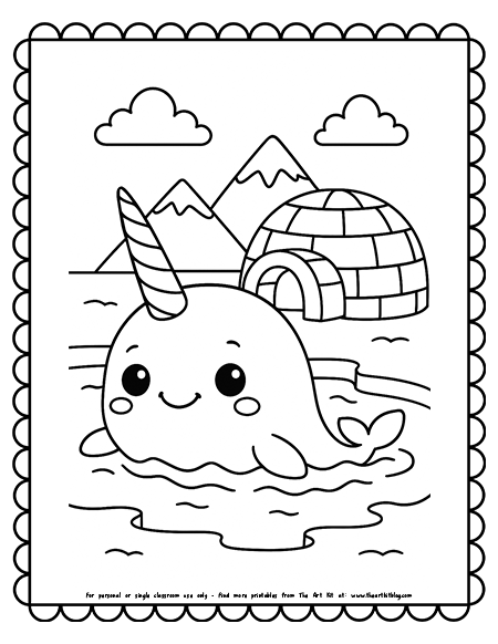 Cute Narwhal Peeking From Icy Water Near Igloo Coloring Pages Cute Narwhal Peeking From Icy Water Near Igloo Coloring Pages