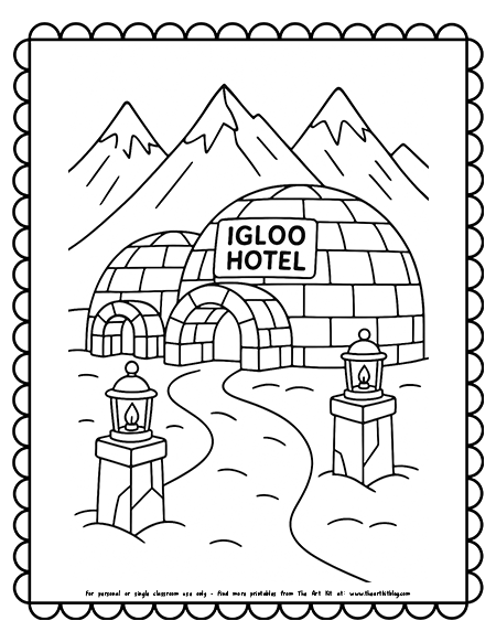 Igloo Hotel With Ice Lanterns and Snowy Mountains Coloring Pages Igloo Hotel With Ice Lanterns and Snowy Mountains Coloring Pages