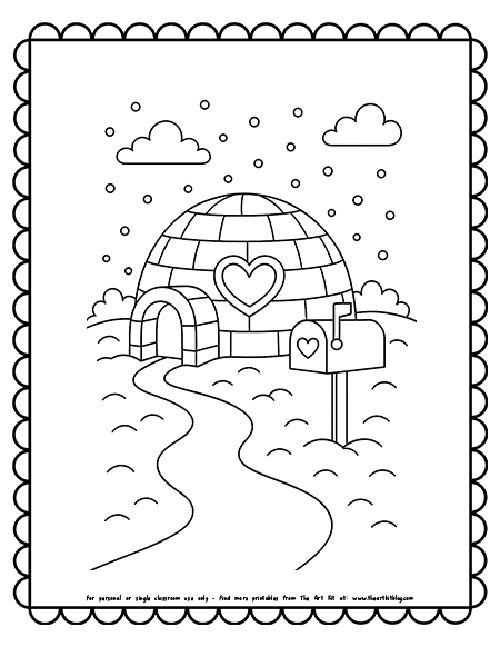 Igloo With Heart Shaped Window Mailbox and Snowy Path Coloring Pages Igloo With Heart Shaped Window Mailbox and Snowy Path Coloring Pages