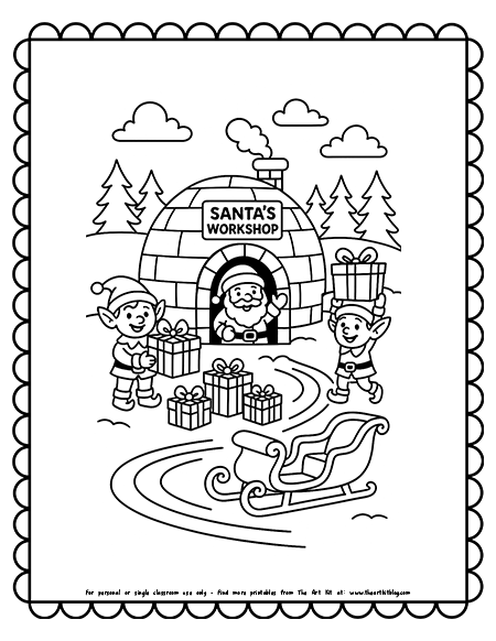 Santa’s Igloo Workshop With Elves Presents and Sleigh Tracks Coloring Pages Santa’s Igloo Workshop With Elves Presents and Sleigh Tracks Coloring Pages