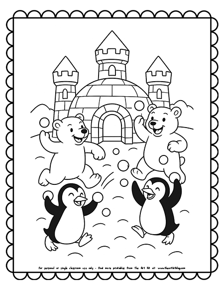 Snowball Fight Between Penguins and Polar Bears at Igloo Castle Coloring Page Snowball Fight Between Penguins and Polar Bears at Igloo Castle Coloring Page